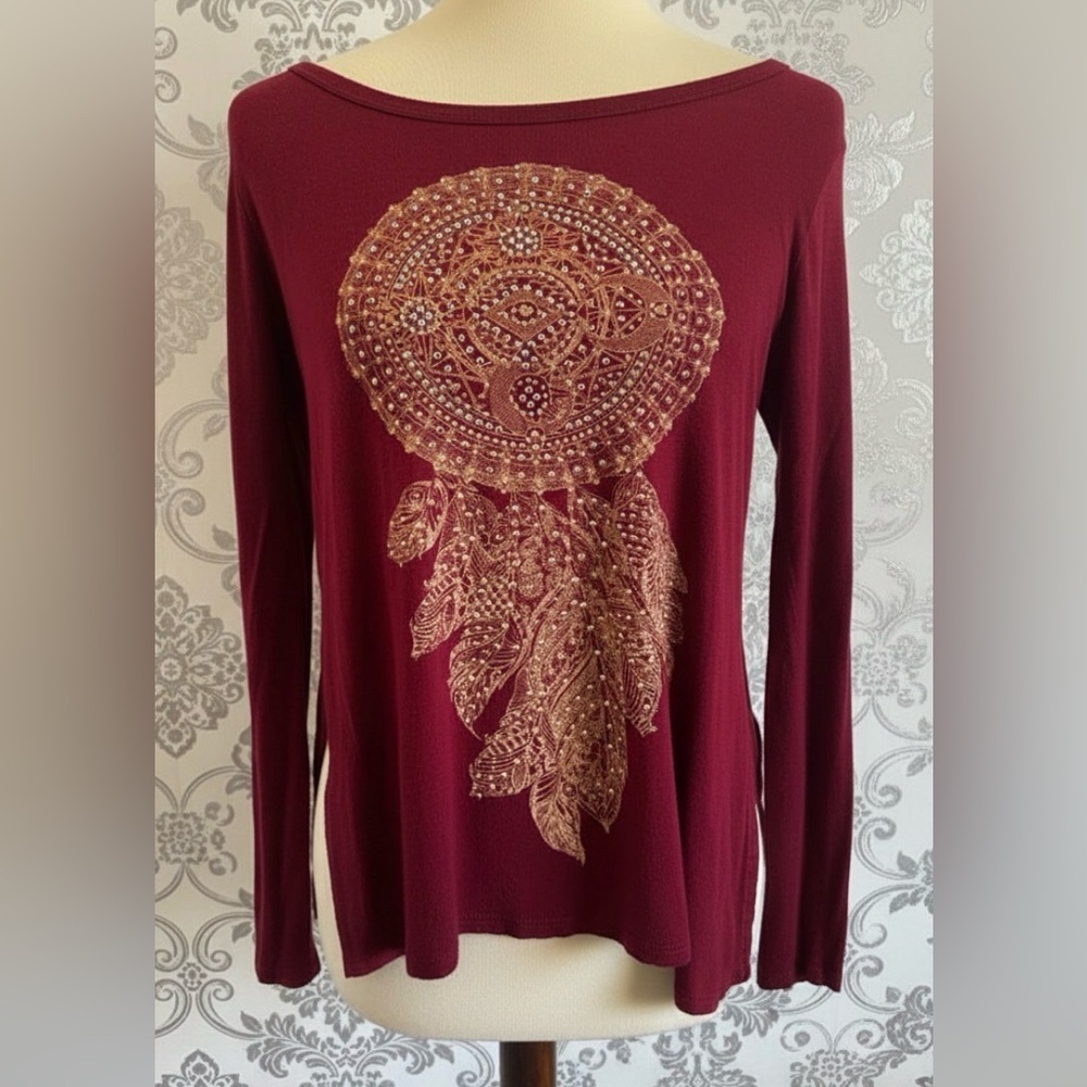 Charlotte Russe Y2K Embellished Burgundy Boho Dreamcatcher Top Size Small